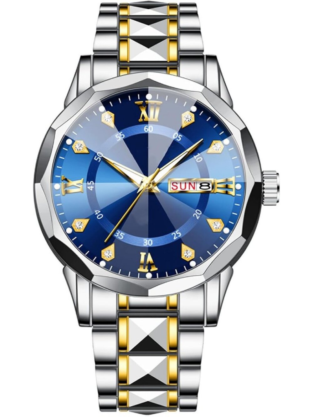 Men's Silver Blue Stainless Steel Waterproof Luxury Luminous Rhinestone Watch